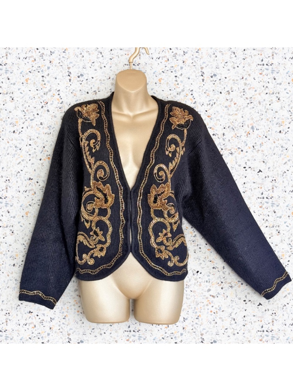 VTG 90s Gold Beaded Baroque Silk Angora Cropped Knit Cardigan Statement Glam L
